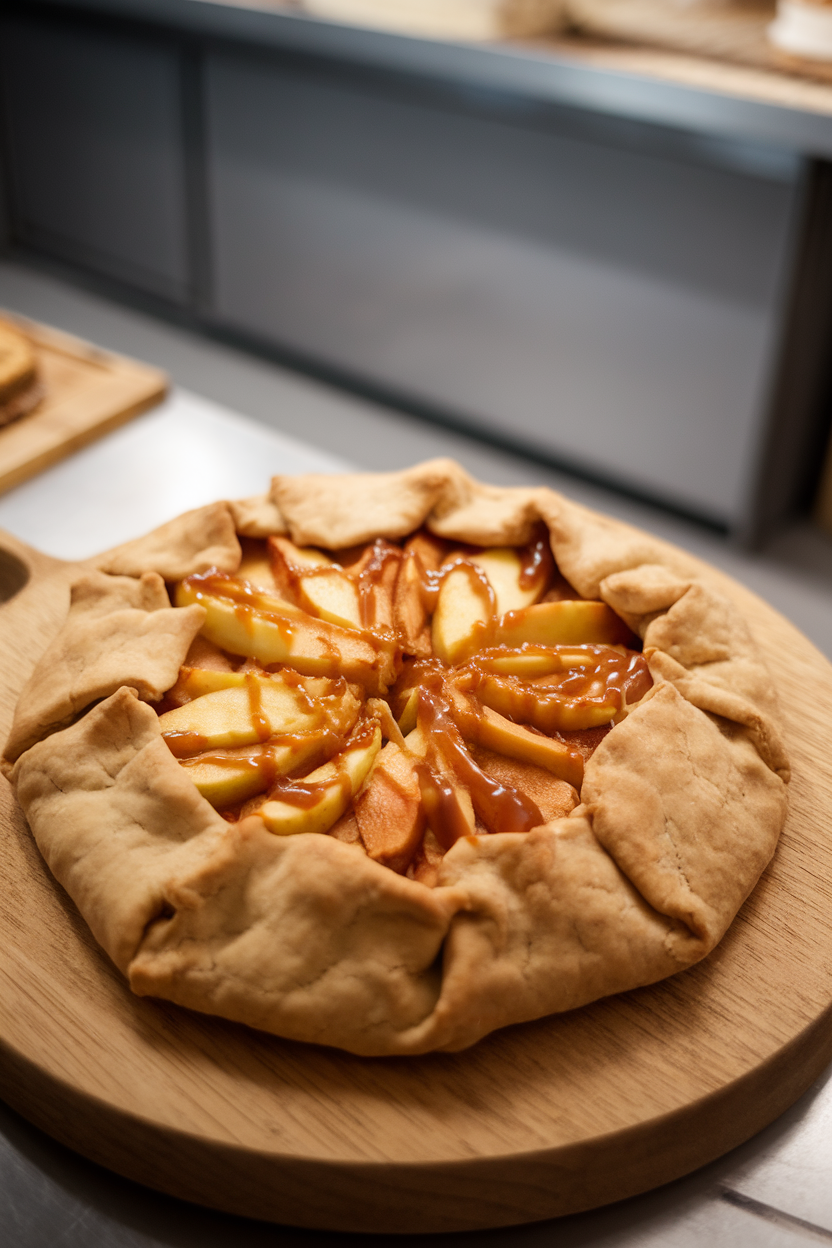 Photo of rustic apple galette with flaky crust edges folded over fruit, caramel drizzle, indoor bakery-style counter, no text or logos.