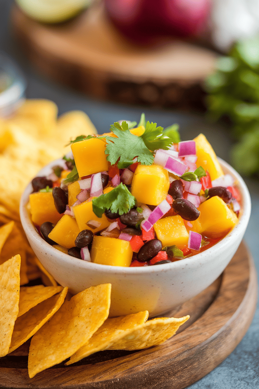 An indoor bowl of chunky salsa featuring bright mango cubes, black beans, red onion, and cilantro, tortilla chips partially visible. No text or logos; photo only.
