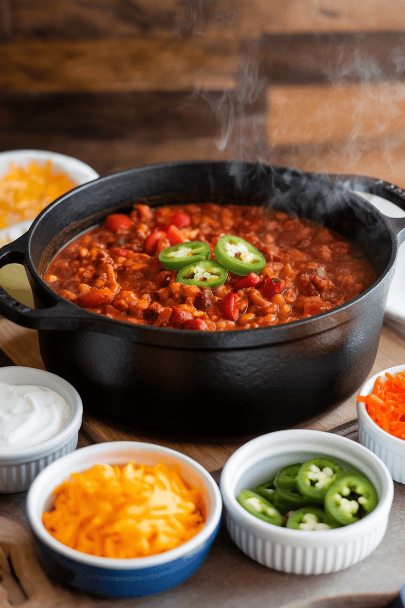 Indoor photo of a black cast-iron Dutch oven filled with steaming chili, surrounded by small bowls of toppings like cheddar, sour cream, and jalapeños. No text or logos.