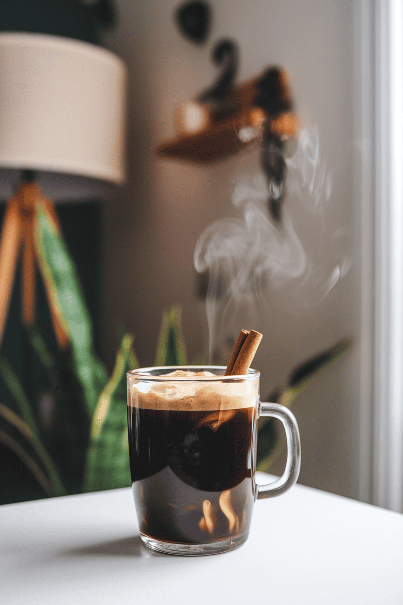 Indoor cozy nook with heat-proof glass mug of dark hot coffee cocktail, cinnamon stick stirrer, wisps of steam curling; no text or logos, photo.