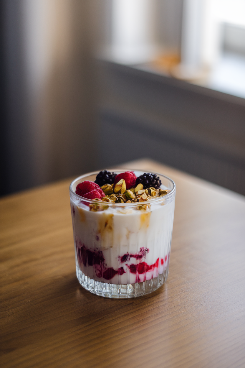 Photo of a clear glass layered with thick Greek yogurt, mixed berries, chopped pistachios, and a light drizzle of honey, shot indoors on a wooden breakfast table under soft natural light. No text or logos anywhere in the scene.