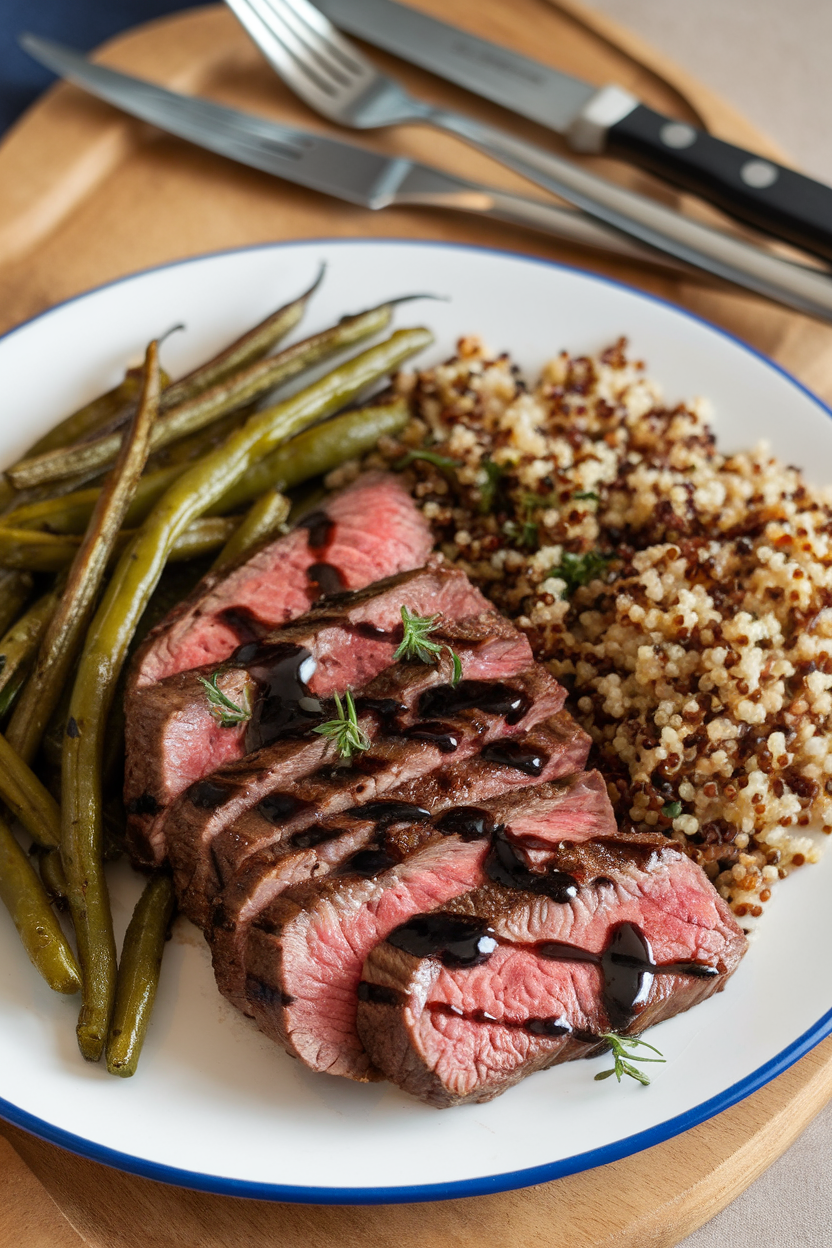 An indoor dinner plate of sliced medium-rare flank steak drizzled with balsamic glaze, roasted green beans, and quinoa. No text or logos present; photo only.