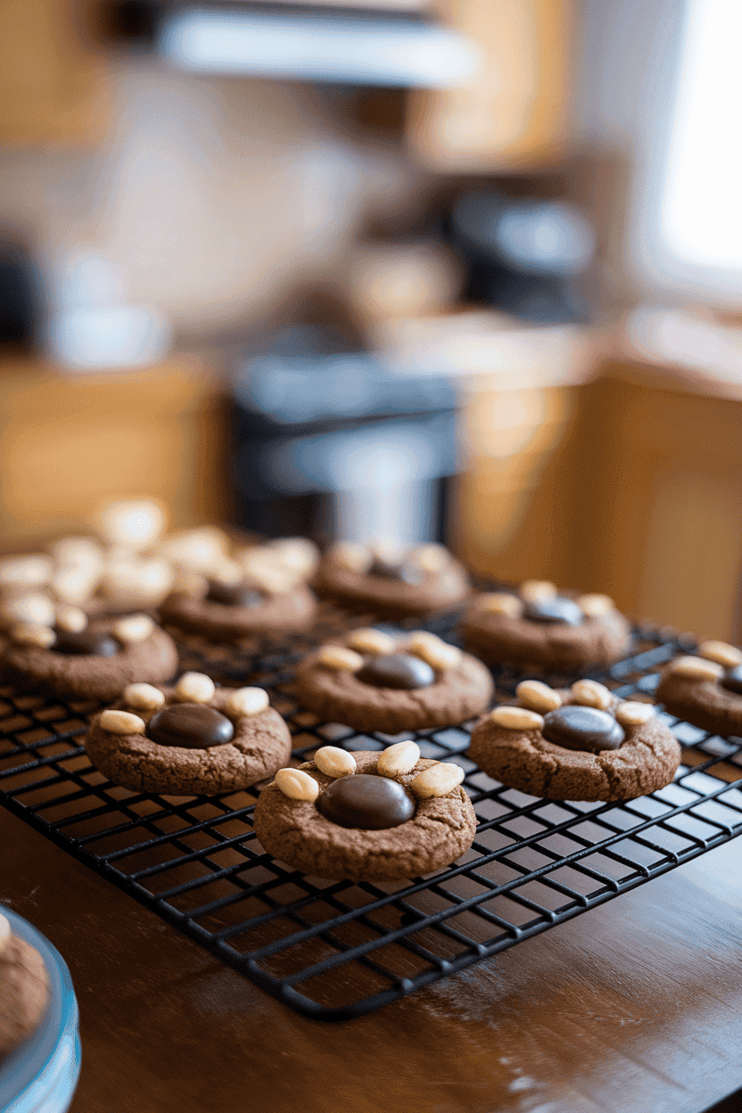 Indoor baking rack holding round chocolate cookies, each pressed with three almond slivers and one large chocolate button to form a paw print. No text or logos; photograph.
