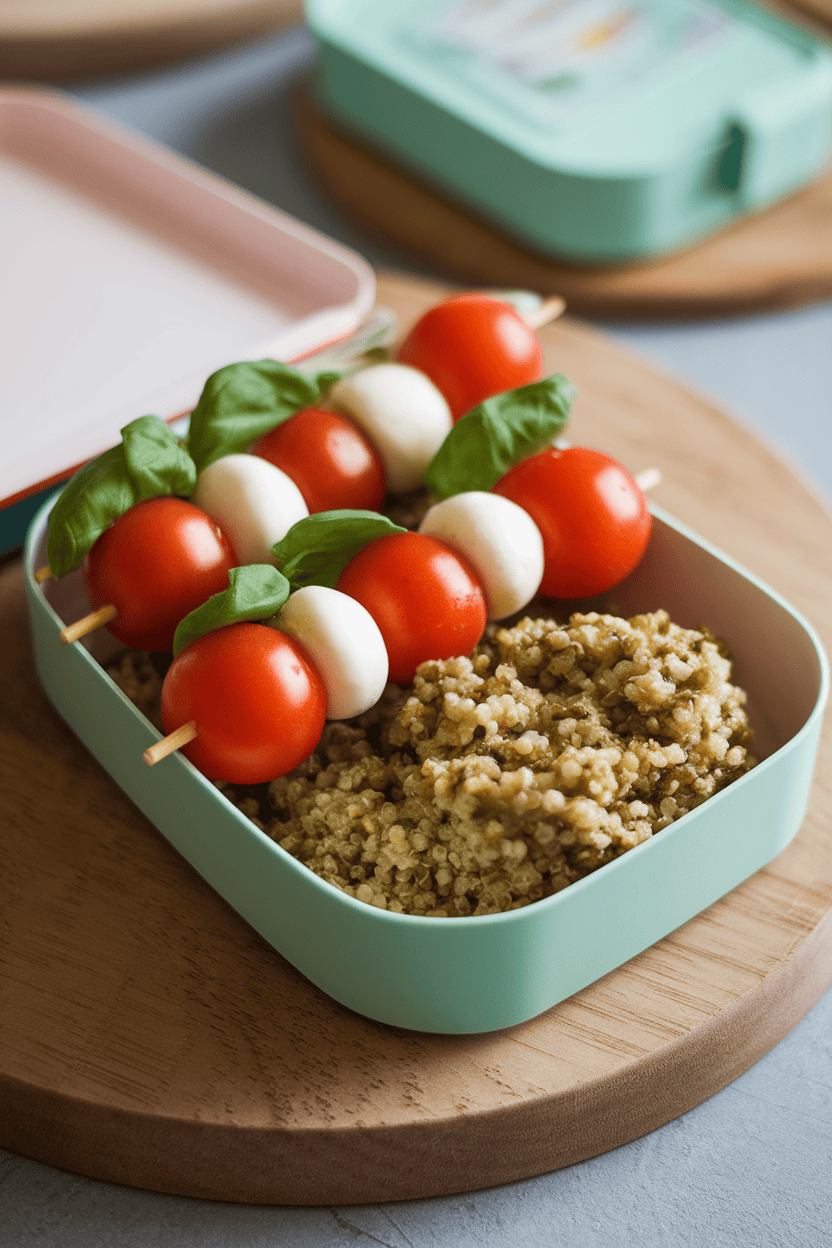Indoor image of mini skewers holding cherry tomatoes, basil, and mozzarella pearls next to a small scoop of pesto-coated quinoa in a bento box; no text or logos.