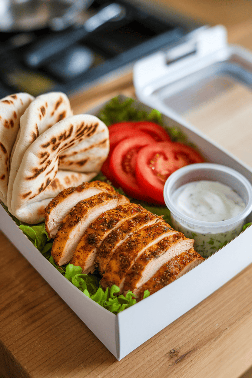 Indoor photo of meal-prep box with sliced za’atar-seasoned chicken, folded mini pitas, sliced tomatoes, and small cup of yogurt sauce. No logos.