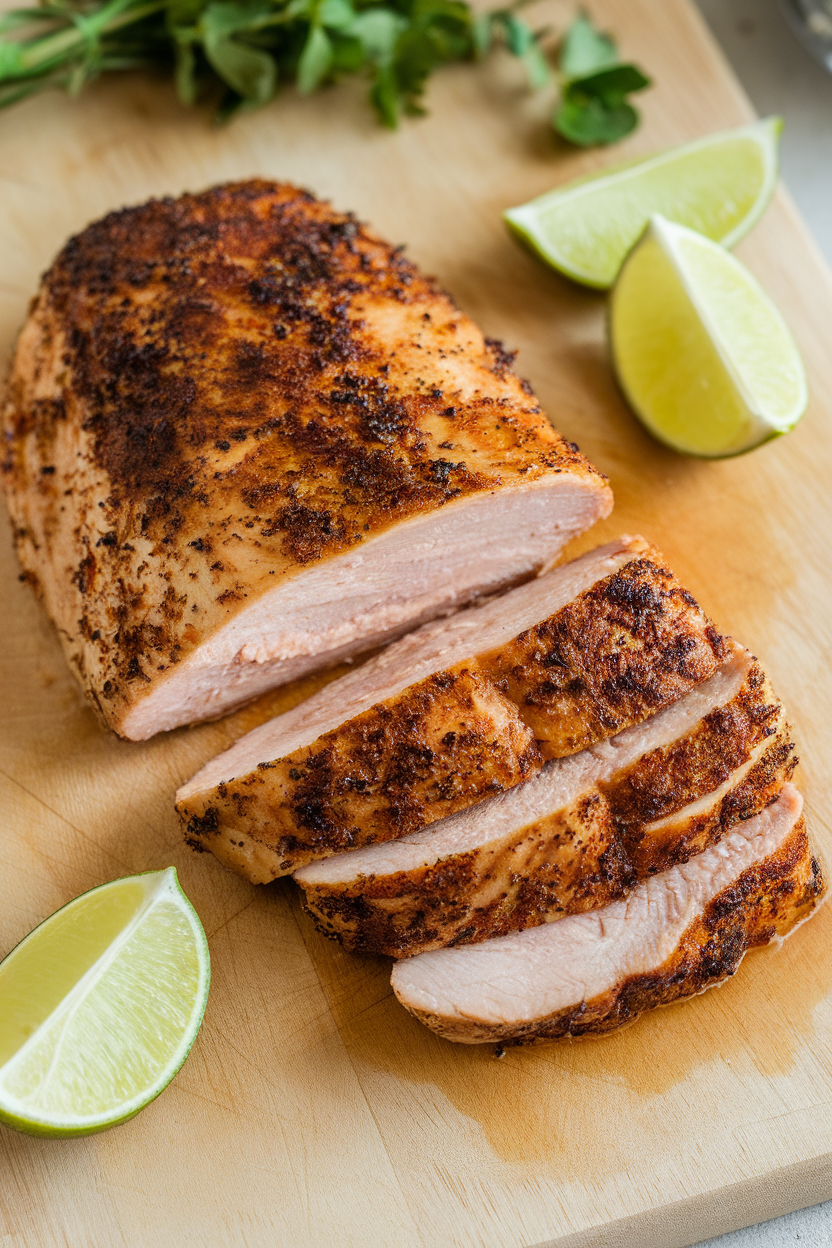 Indoor cutting board with seared Cajun chicken breast, dark crust visible, sliced to reveal juicy interior, lime wedges on the side. No text or logos. Photo.