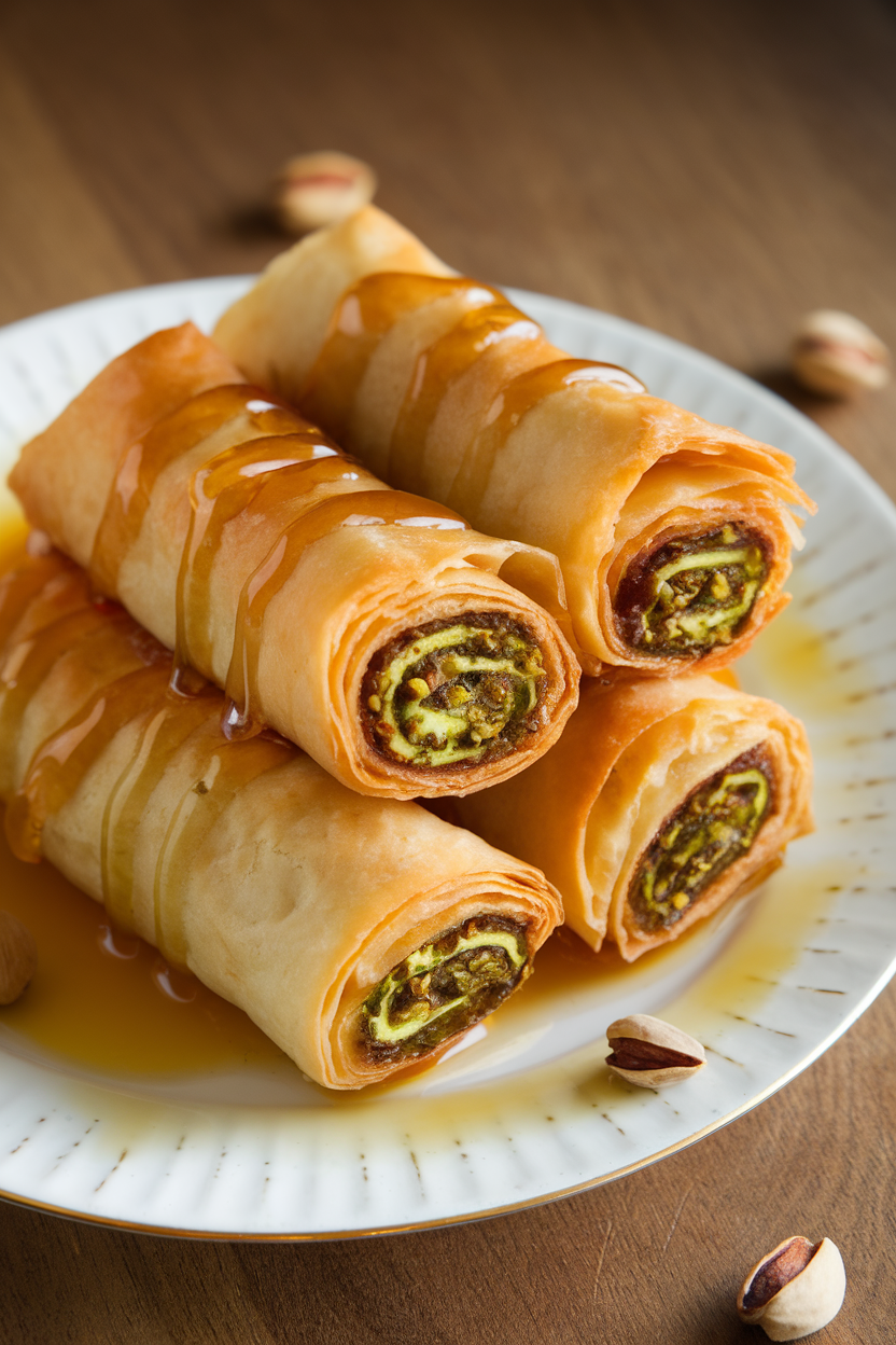 An indoor pastry plate with cigar-shaped filo rolls packed with green pistachio filling, drizzled in honey syrup. Photo only, no text or logos.