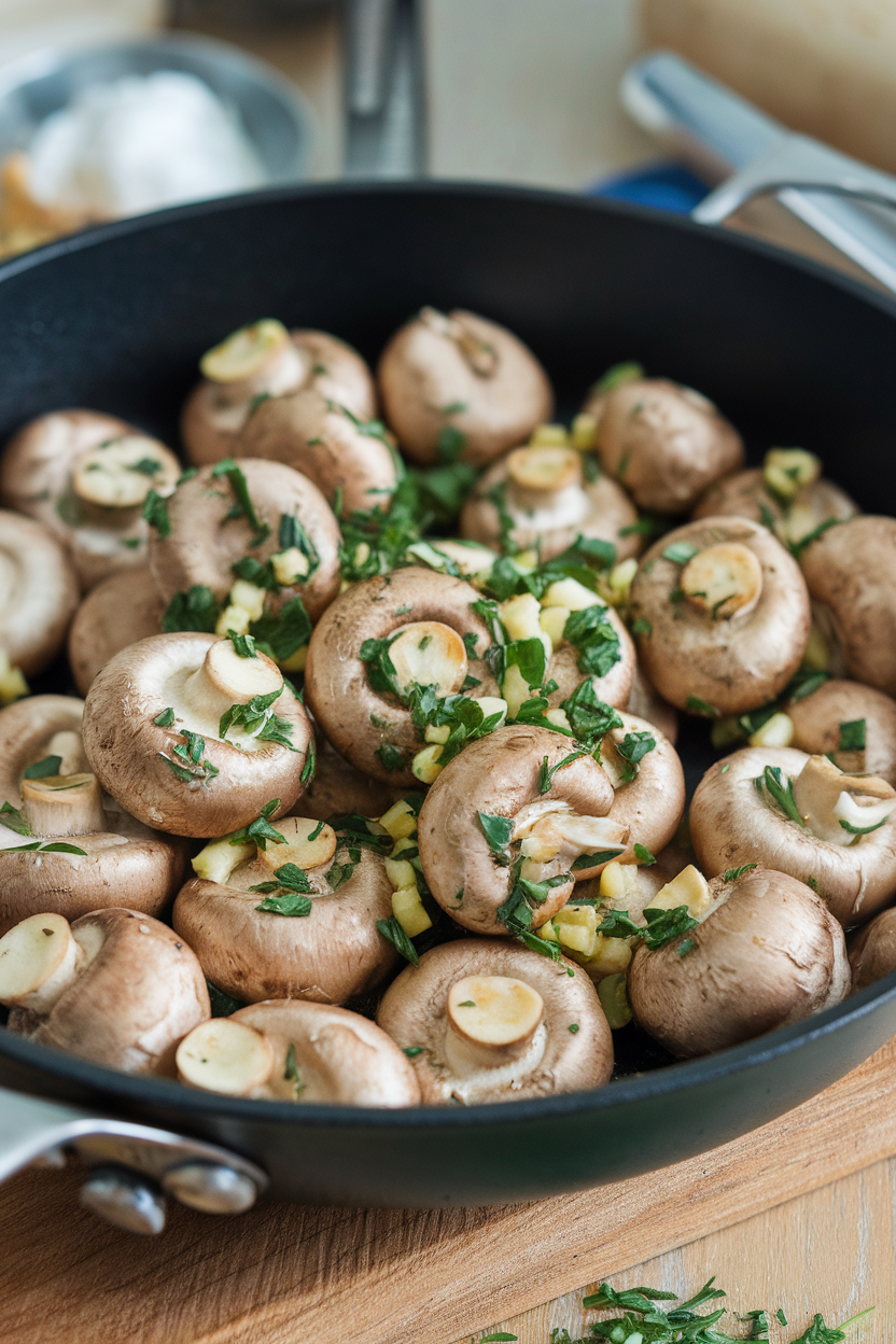 A skillet indoors filled with sautéed button mushrooms coated in herb butter and garlic bits; no text or logos. Photo only.