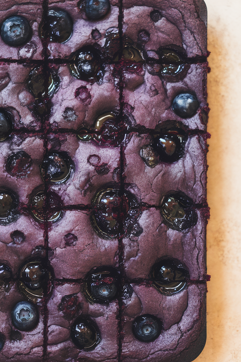 Indoor photo of brownies dotted with deep purple blueberry compote swirl, giving an eerie nightshade hue; no text or logos