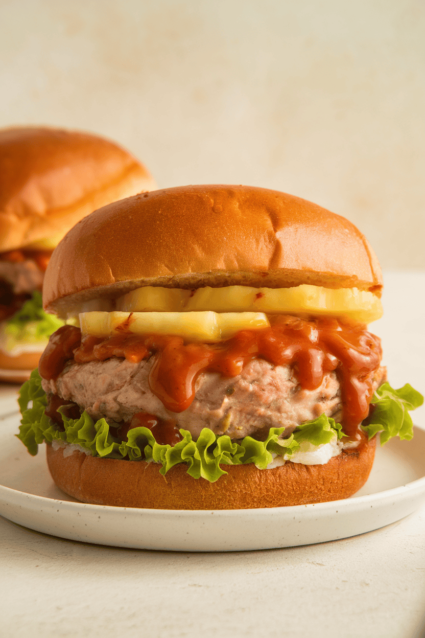 Indoor counter showing turkey burgers glazed with teriyaki sauce, pineapple slices and lettuce stacked in buns. No text or logos present. Photo, not illustration.
