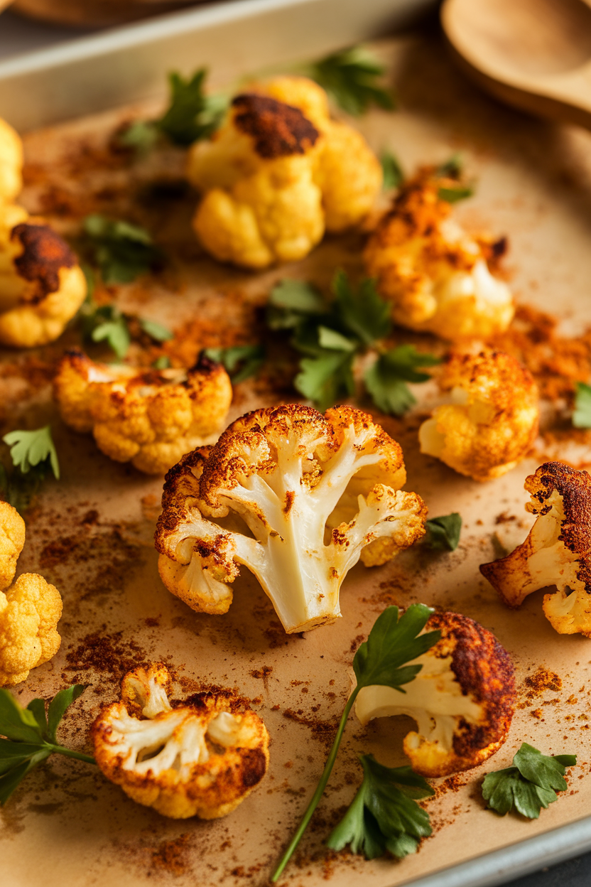 Photo of bronzed cauliflower florets on a sheet pan indoors, sprinkled with spice blend and parsley; no text or logos.