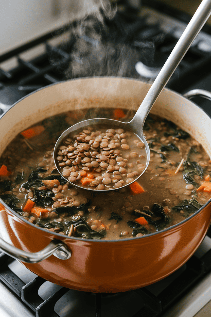 Indoor stovetop scene featuring a ladle hovering over a pot of hearty brown lentil soup speckled with wilted spinach leaves, carrots, and onions. Steam visible, no brand names or logos. Photo, not illustration.