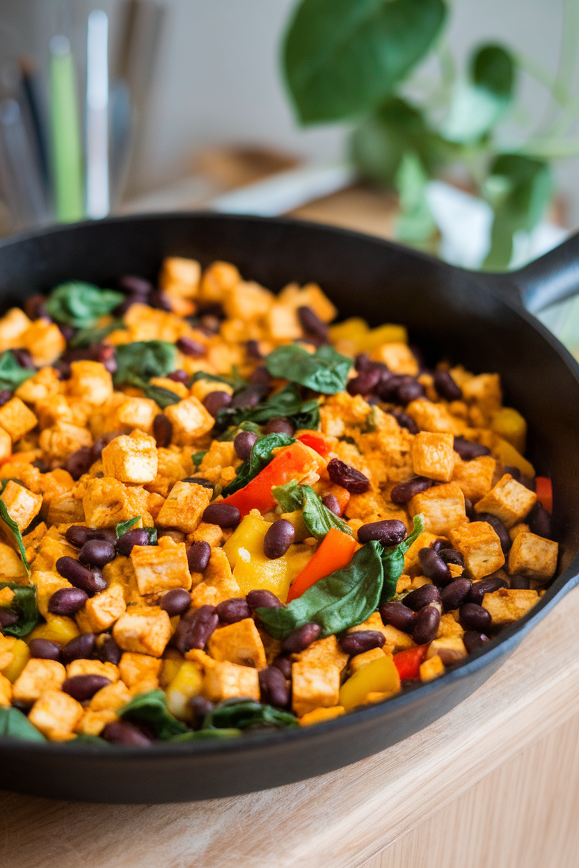 An indoor breakfast skillet filled with crumbled tofu, black beans, spinach, and bell peppers, turmeric giving a golden hue. No logos or text; photo only.