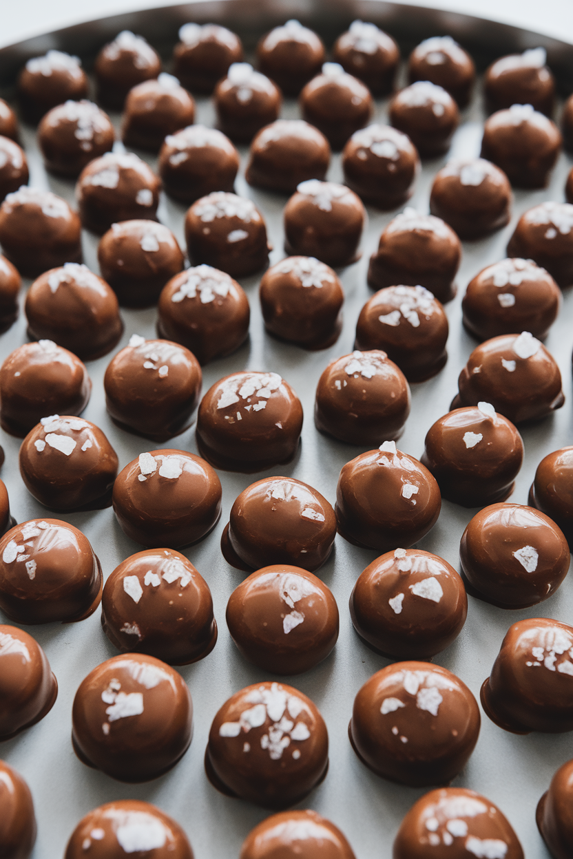 An indoor tray lined with small mounds of chocolate-coated almonds, each cluster glossy and studded with sea salt crystals. No text or logos.