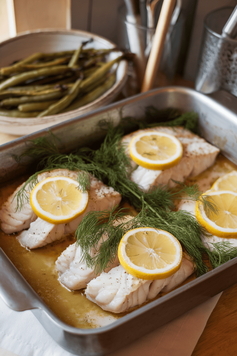 A warmly lit indoor baking dish holding cooked cod fillets topped with dill and lemon slices, sitting beside roasted green beans. No text or logos visible.