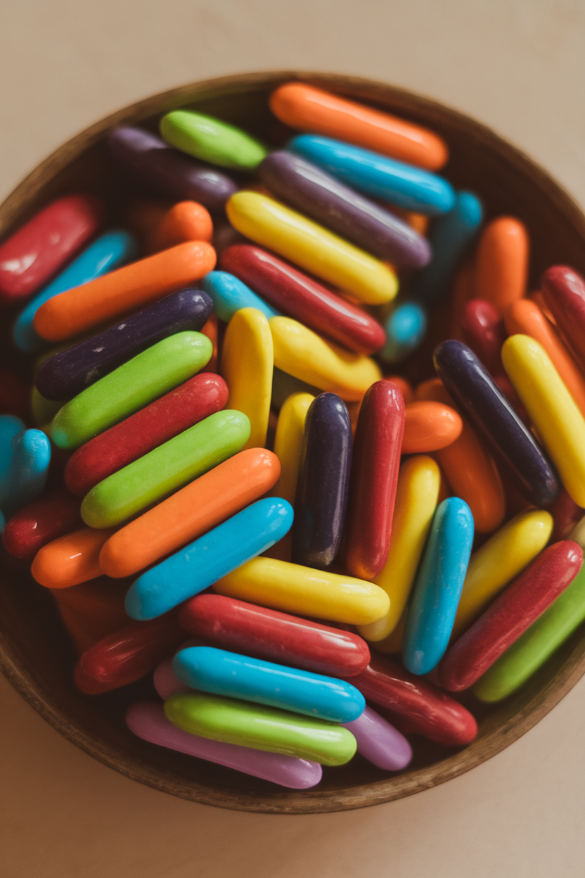 Photo of indoor bowl filled with colorful oblong fruit chews, glossy finish, no text or logos