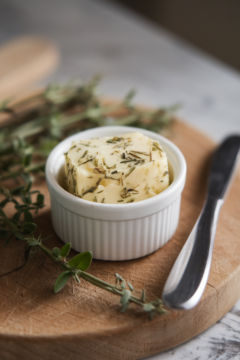 Small ramekin of compound butter with herbs, butter knife beside it, indoor close-up. No text or logos. Photo.