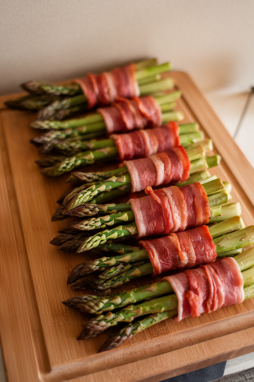 Wooden indoor cutting board holding neatly arranged bundles of roasted asparagus spears wrapped in crisp bacon ribbons. Photo, no text or logos.