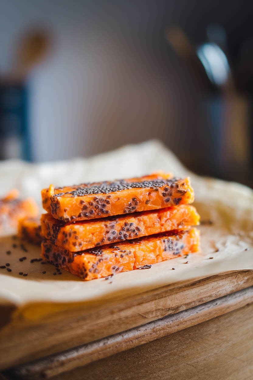 Indoor close-up of slim fruit bars speckled with chia seeds, stacked on a piece of parchment. No text or logos.