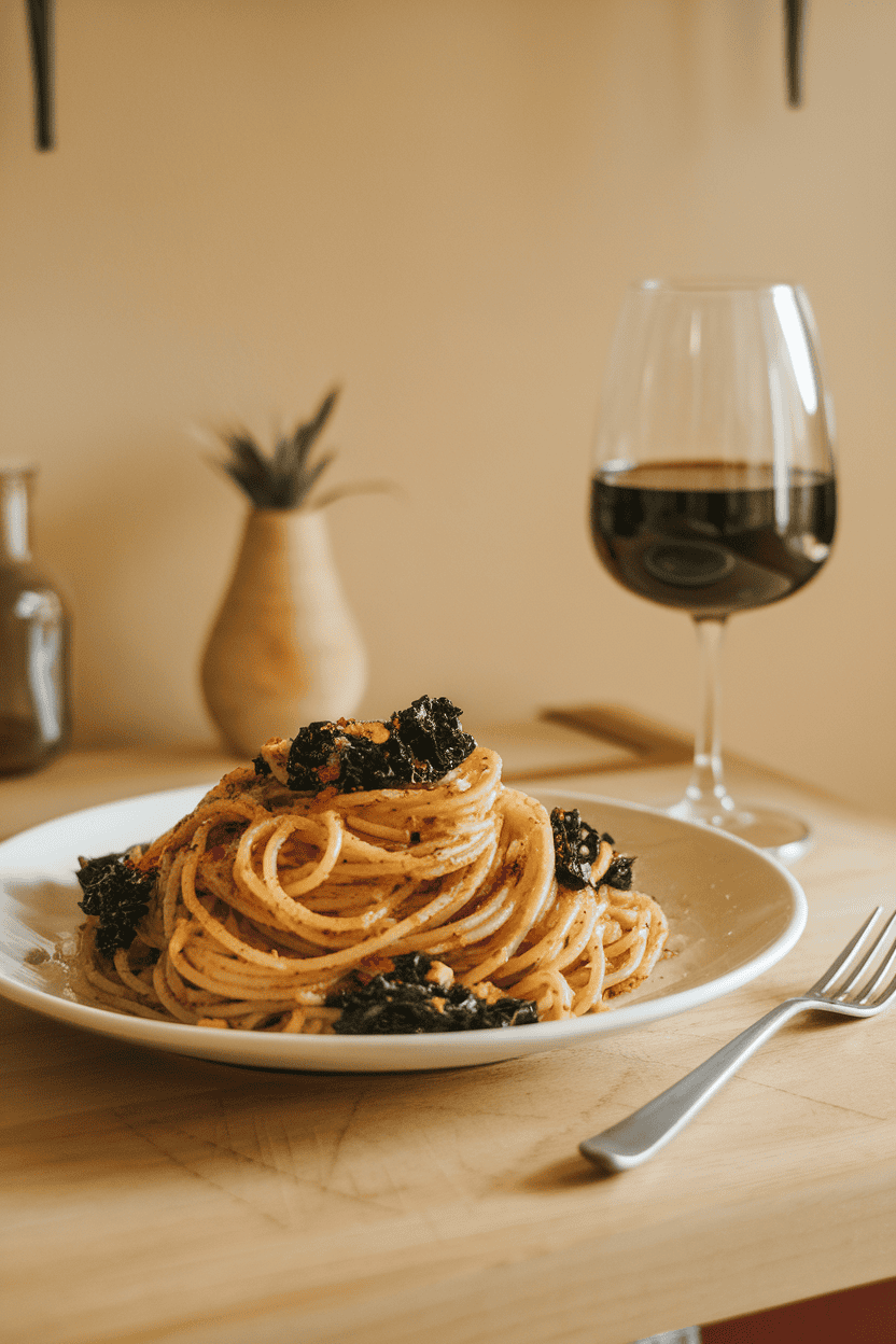 Indoor dining table showcasing a plate of whole-wheat spaghetti glistening with garlic-infused olive oil, flecked with sautéed kale and red pepper flakes. No text or logos. Photo, not illustration.