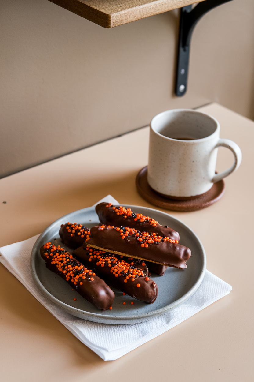 Indoor café-style table with chocolate-dipped biscotti sprinkled with orange and black nonpareils, served beside a mug. No text or logos.