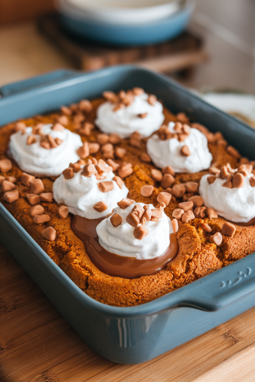 A rectangular indoor baking dish of pumpkin cake pierced with holes, caramel sauce pooled in wells, topped with whipped topping and toffee bits. Photo only, no text or logos.