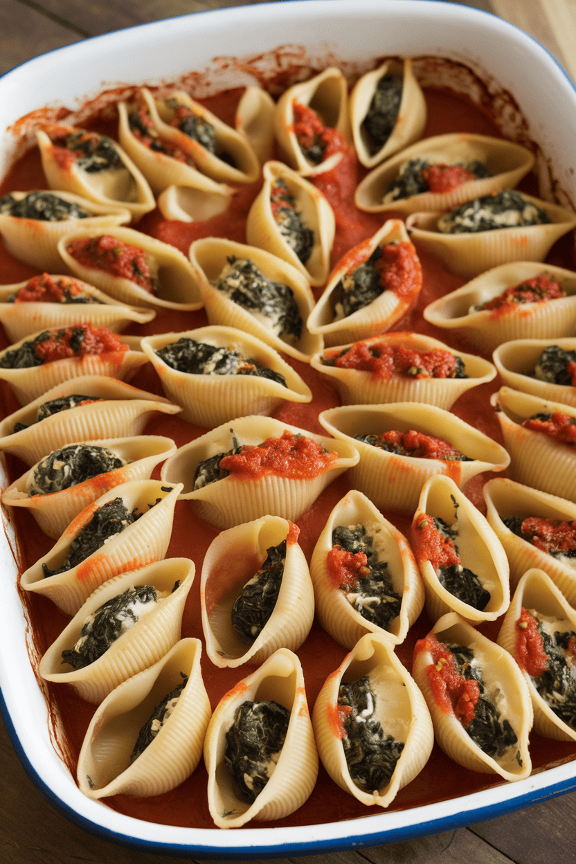 Indoor baking dish filled with jumbo pasta shells stuffed with spinach-ricotta mixture, topped with marinara. No text or logos.