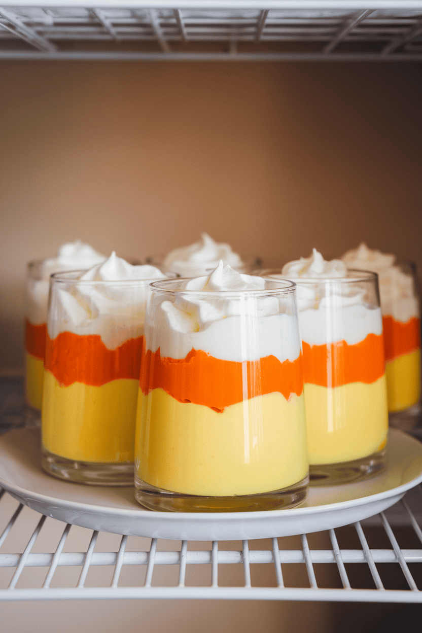 Indoor refrigerator shelf view of clear glasses layered with yellow lemon pudding, orange Jell-O, and white whipped cream, emulating candy corn stripes. Photograph; no text or logos.