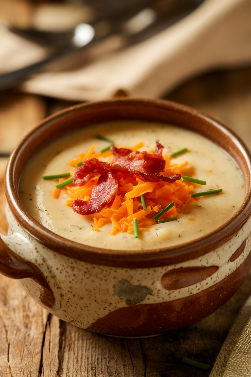 Indoor photo of a ceramic bowl of baked potato soup garnished with shredded cheddar, crispy bacon, and chives. No logos or text.