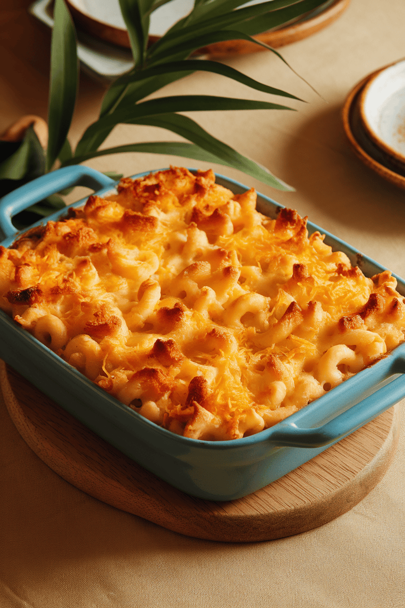 An indoor dining table featuring a baking dish of bubbly macaroni and cheese with a golden cheddar crust, steam faintly rising. No text or logos; photo only.