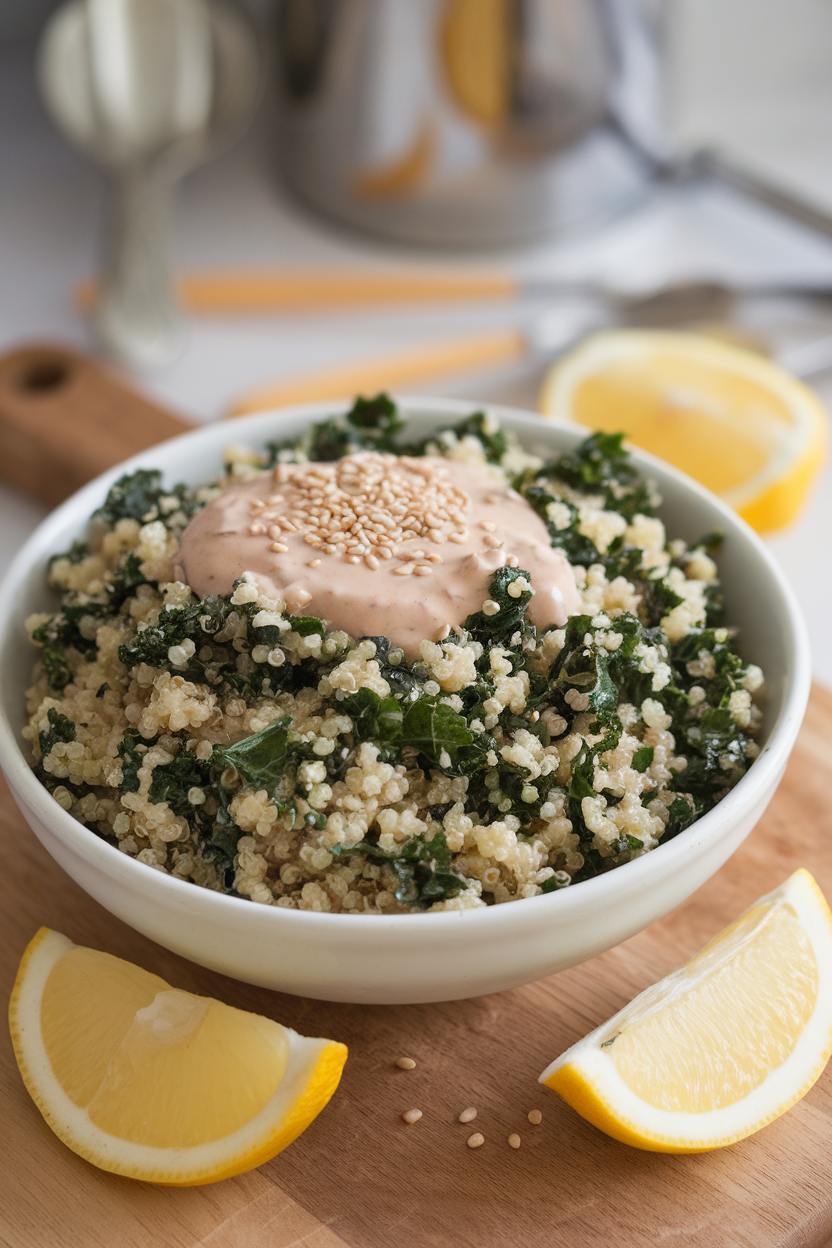 Indoor scene with finely chopped kale massaged into quinoa, drizzled with tahini-lemon dressing; no text or logos.