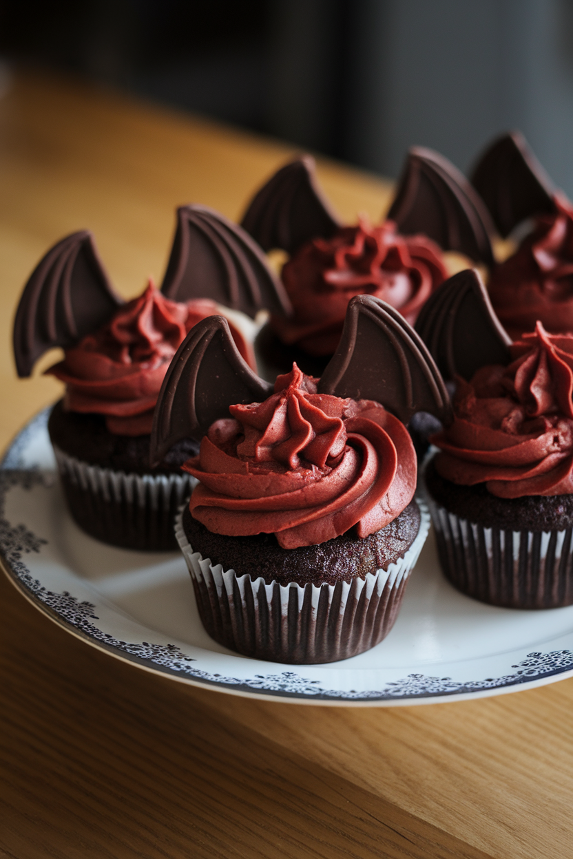 Indoor dessert plate showing chocolate cupcakes with deep red raspberry frosting and dark chocolate bat wings, no text or logos.