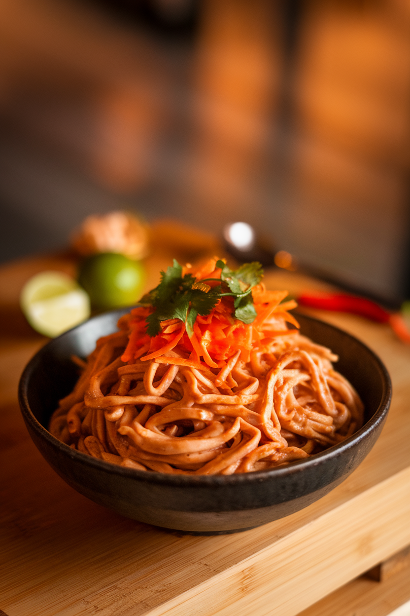 Photo of a bowl indoors containing cooked rice noodles tossed in peanut sauce with shredded carrots and cilantro. No text or logos.