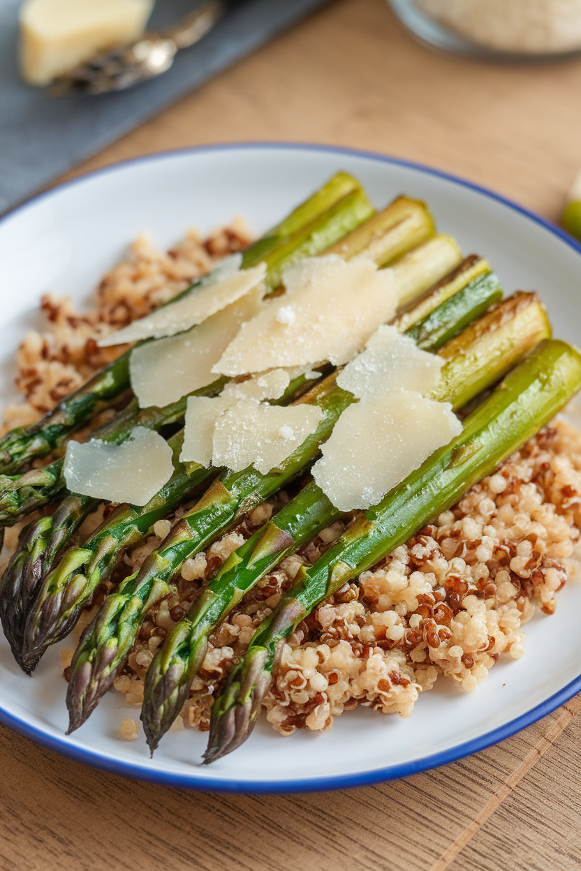 Indoor plate showcasing roasted asparagus spears cut into coins over quinoa, shaved Parmesan on top; no text or logos.