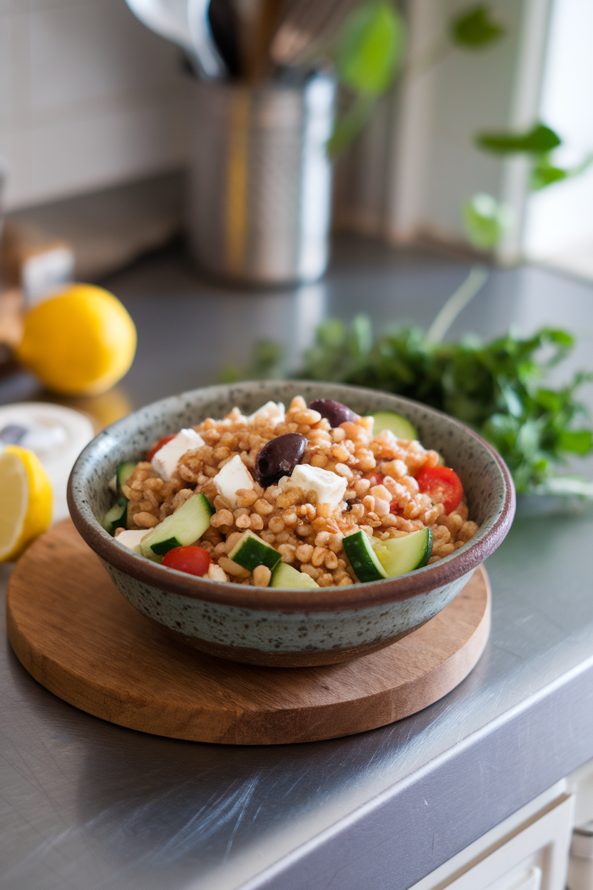 Ceramic bowl of farro mixed with cucumbers, feta, olives, and cherry tomatoes on an indoor countertop. No text or logos.