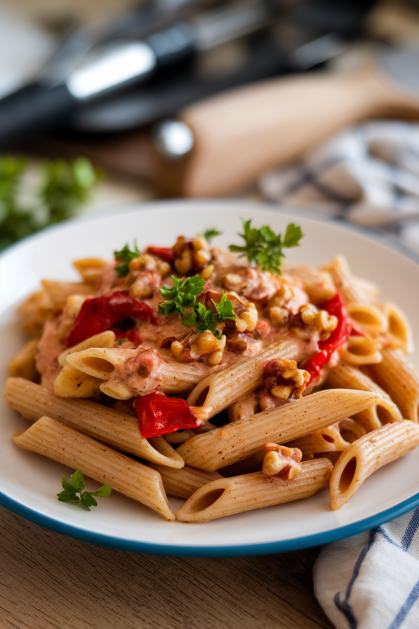 An indoor plate of whole-wheat penne coated in a creamy roasted red-pepper and walnut sauce, garnished with parsley. No brands or text; photography only.