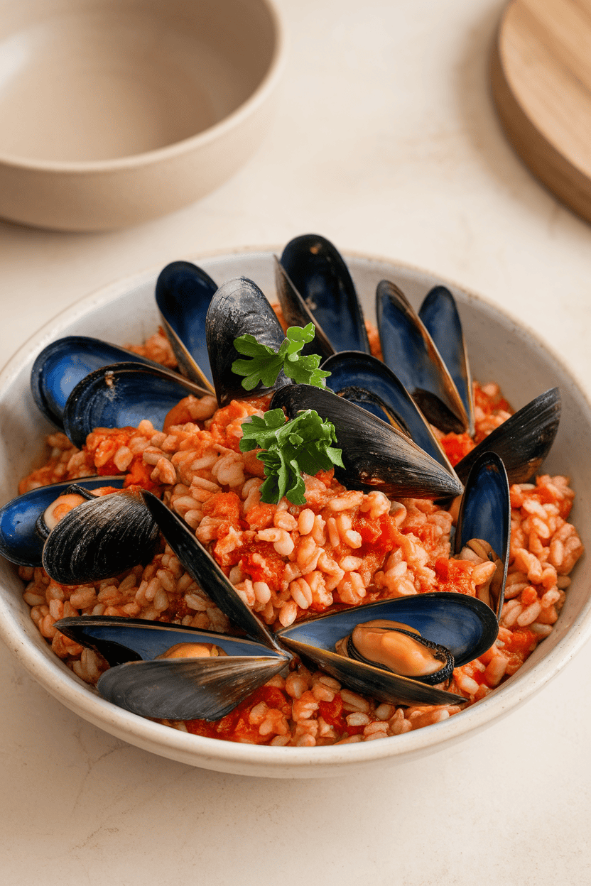 A shallow indoor bowl filled with cooked farro mixed with tomato sauce and shelled mussels, garnished with parsley. Photo only, no logos or text.