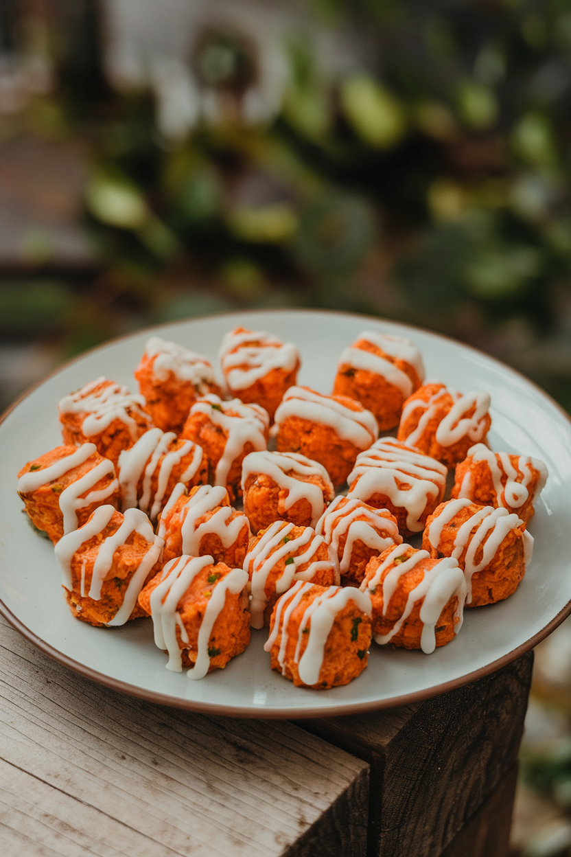 An indoor plate arranged with small round bites flecked with orange carrot, drizzled lightly with coconut butter icing. No text or logos.