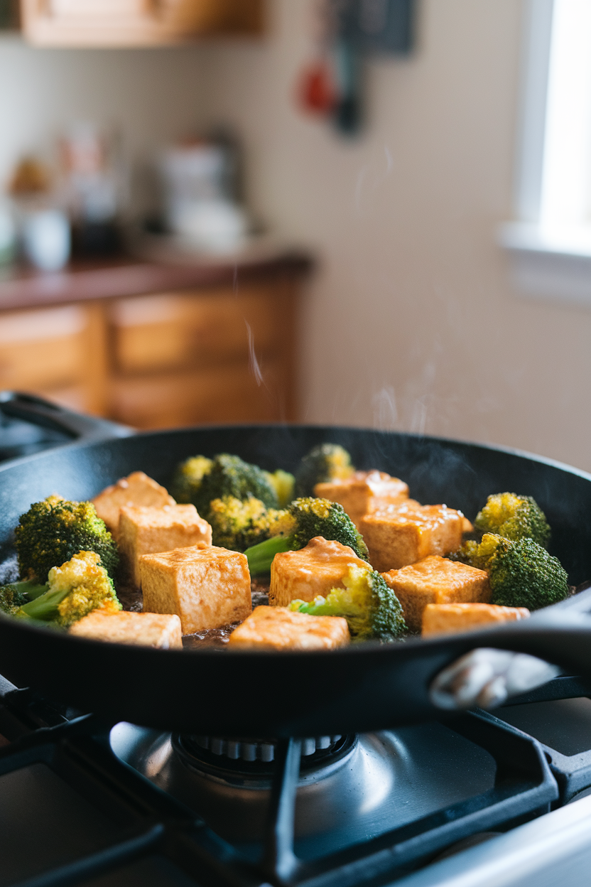 A skillet on an indoor range featuring golden tofu cubes coated in honey garlic sauce with broccoli florets. Photo only, no text or logos.