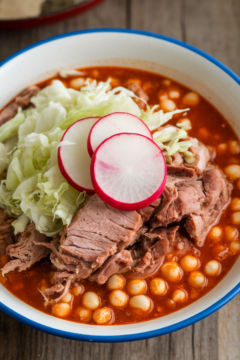 Indoor photo of a bowl of posole rojo—tender pork, hominy, and red chile broth—topped with shredded cabbage and radish slices. No text or logos.