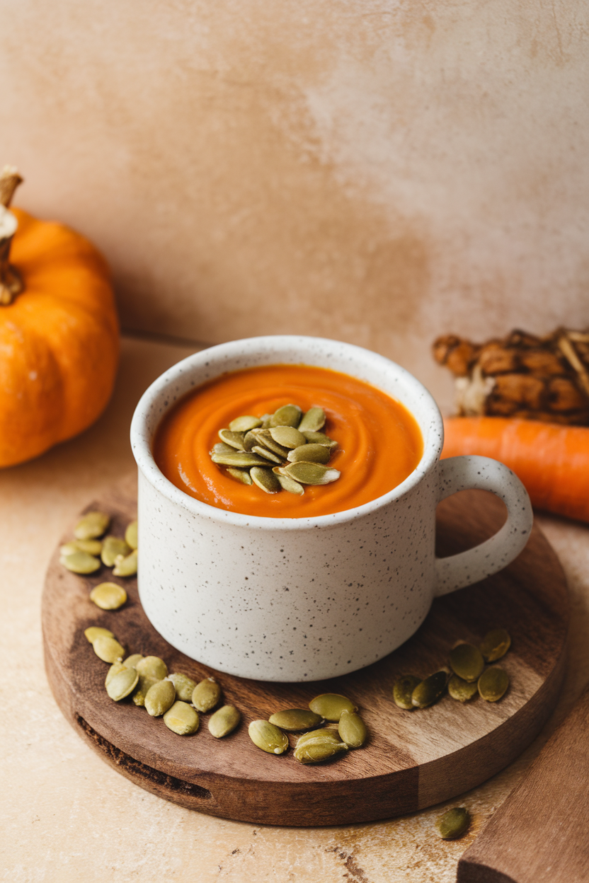 Photo, indoor soup mug containing silky carrot soup topped with pumpkin seeds; no text or logos.