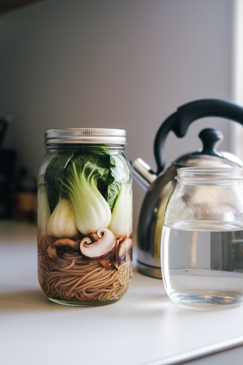 An indoor countertop with mason jars layered with soba noodles, bok choy, mushrooms, and miso concentrate, hot water ready to pour. No text or logos; photo only.