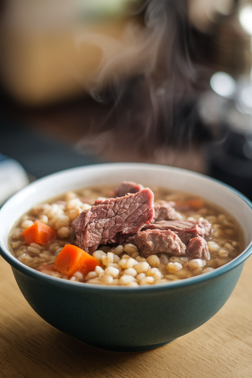 Indoor photo of a bowl of beef and barley soup, visible grains, carrots, and tender beef pieces, steam rising. No logos or text.