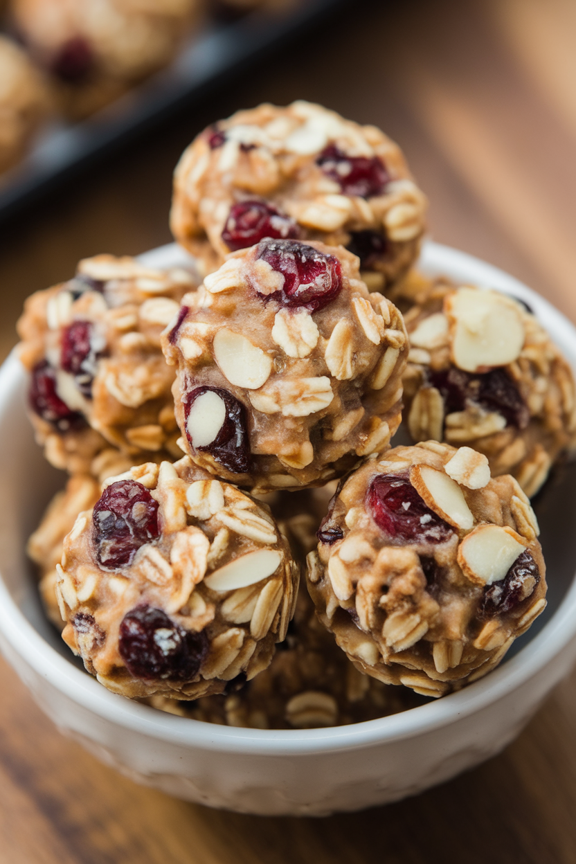 Indoor photo of round oat-based cranberry almond energy bites stacked in a small bowl; no text or logos.