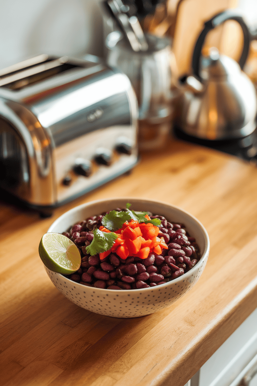 An indoor kitchen counter with a bowl of black beans garnished with diced red pepper and cilantro, lime wedge on side, no text or logos.