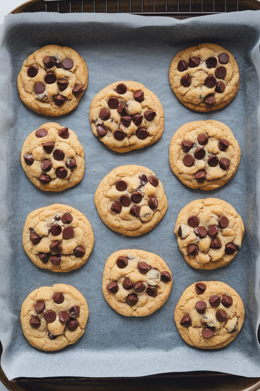 An indoor baking sheet lined with parchment dotted with golden cookies studded generously with dark chocolate chips, cooling on a rack. No text or logos.