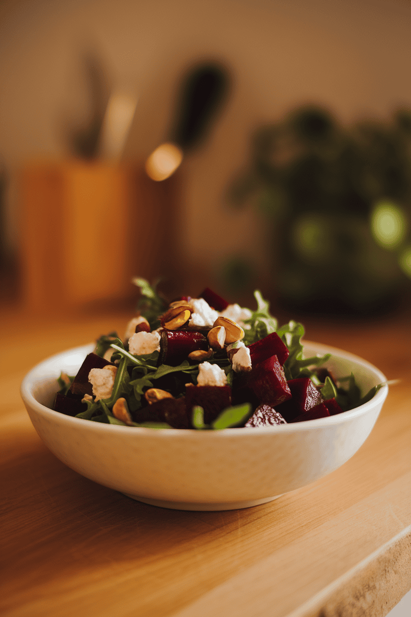 Warm indoor photo of diced roasted beets mixed with arugula, goat cheese crumbles, and pistachios in a white bowl; no text or logos.