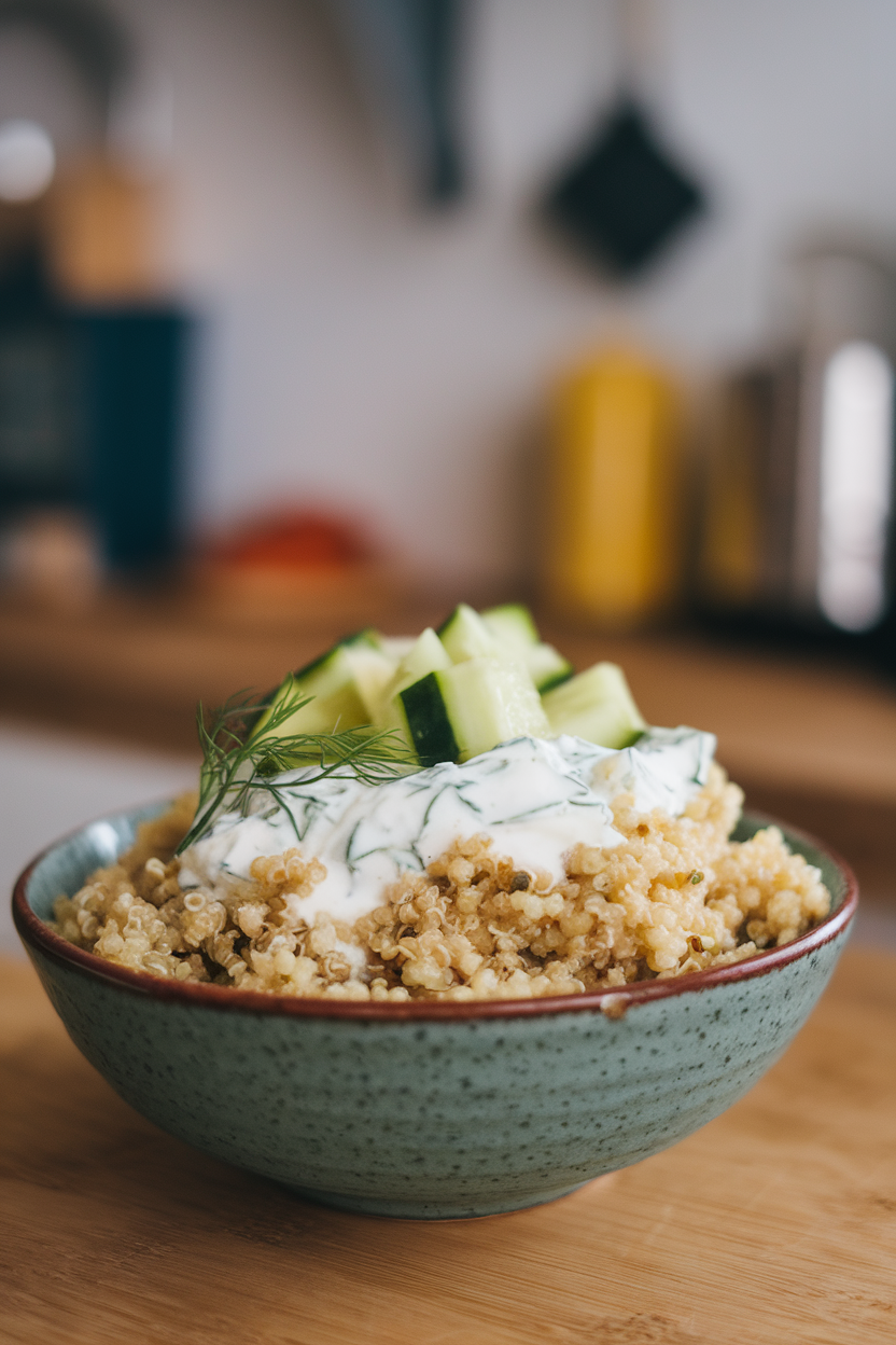 Indoor countertop with quinoa mixed in a creamy lemon-dill yogurt sauce, cucumber chunks on top; no text or logos.