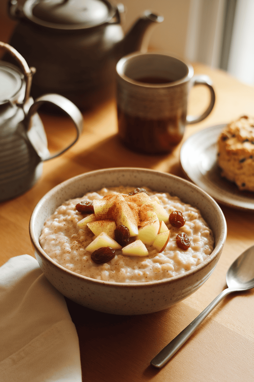 An indoor breakfast table with a bowl of creamy steel-cut oatmeal topped with diced apples, raisins, and a dusting of cinnamon. No text or logos.