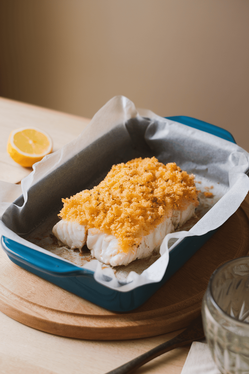 Indoor dining table featuring a parchment-lined baking dish of flaky baked cod topped with golden panko crust, lemon wedge absent to avoid citrus. Photo only, no branding.